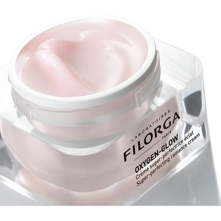 Filorga Oxygen-Glow Cream 50 ml ansiktskräm för glödande hy med strålande ljusrosa krämig textur i en glasburk