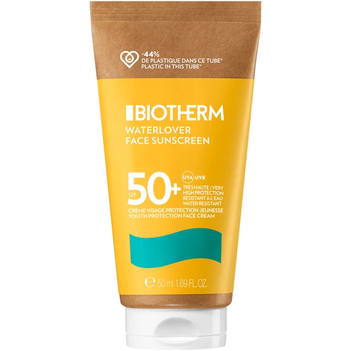 Biotherm Waterlover Face Sunscreen 50 ml anti age solkräm spf50 i gul miljövänlig tub med bruna detaljer.