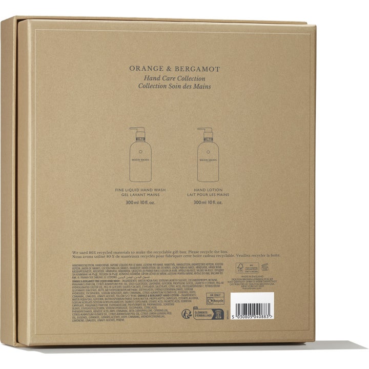 Molton Brown Orange & Bergamot Hand Care Collection 600 ml återfuktande handvård baksidan av en beige presentask