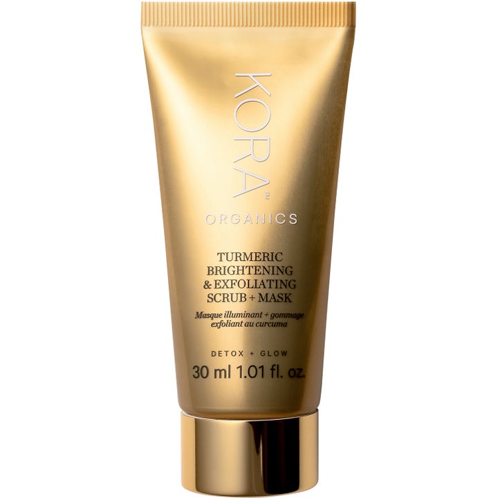Kora Organics Turmeric Brightening & Exfoliating Scrub + Mask 30 ml lystergivande 2-i-1 exfoliering i guldfärgad tub