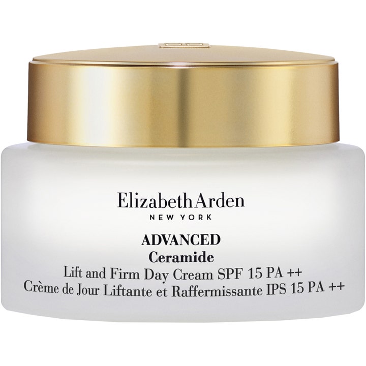 Elizabeth Arden Advanced Ceramide Lift and Firm Day Cream SPF 15 50ml ger ansiktslyft i frostad glasburk med guldlock
