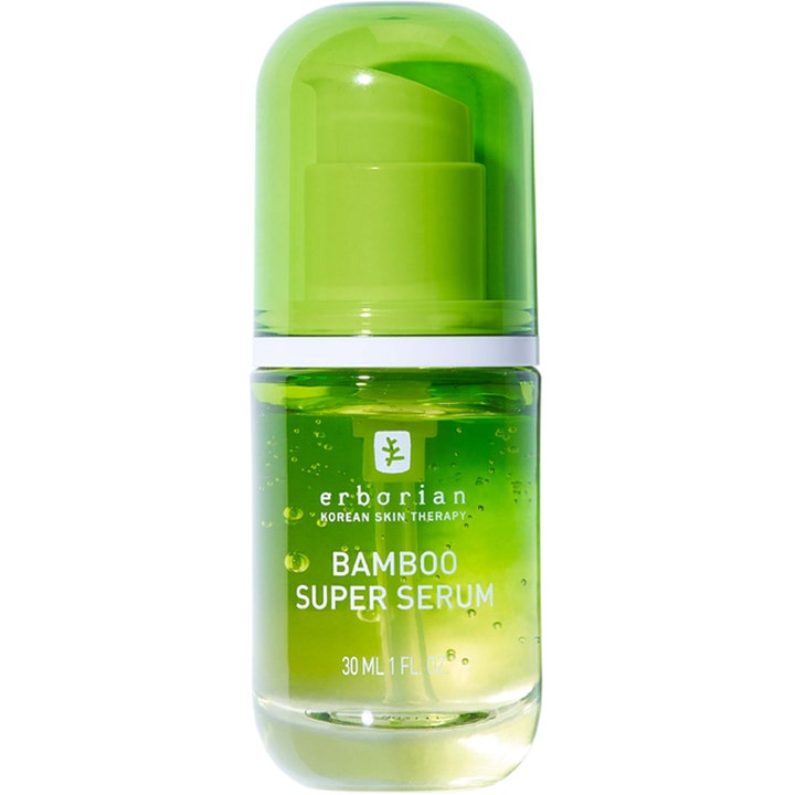 Erborian Bamboo Super Serum 30 ml återfuktande serum med bambu i grön genomskinlig flaska med synliga bubblor