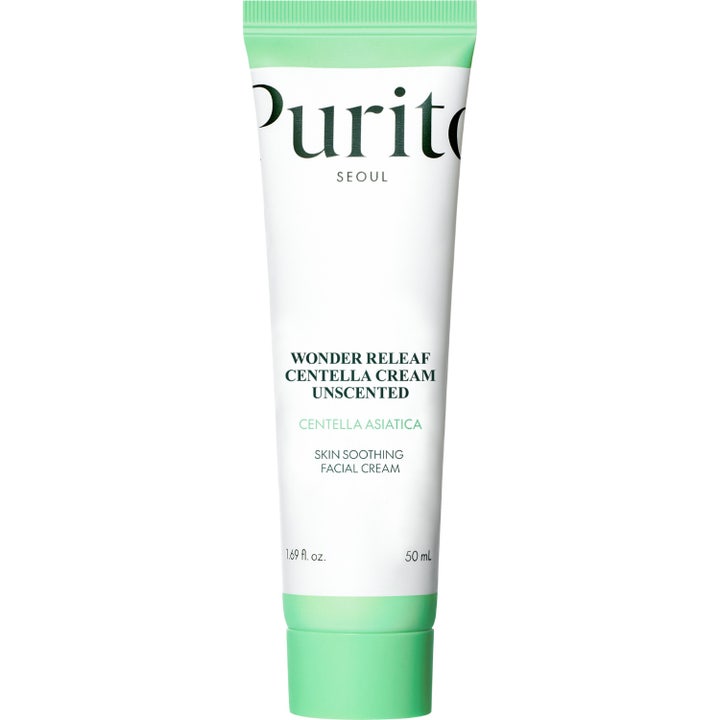 Purito Seoul Wonder Releaf Centella Cream Unscented 50 ml centella ansiktskräm känslig hud i vit tub med gröna detaljer.