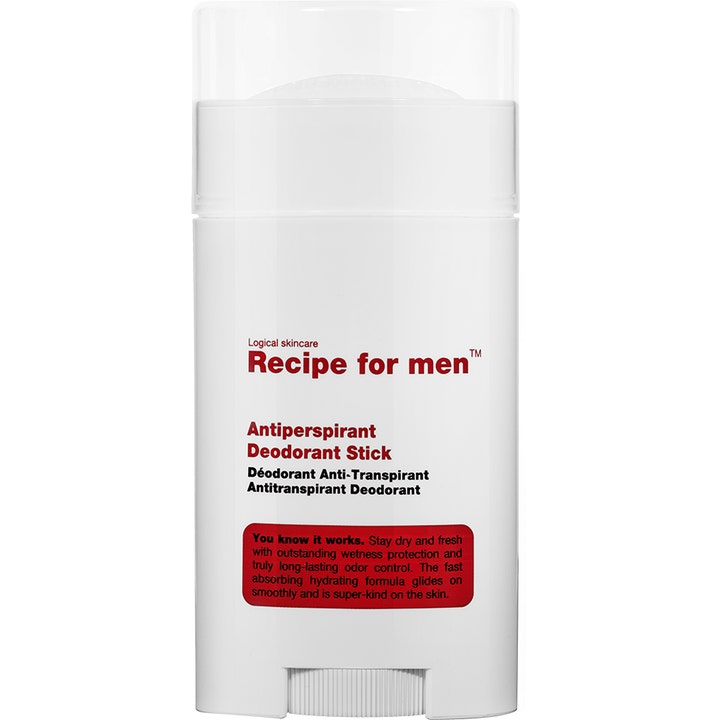 Recipe for men Antiperspirant Deodorant Stick ger 24timmars torr känsla i en vit plasthylsa med genomskinligt lock