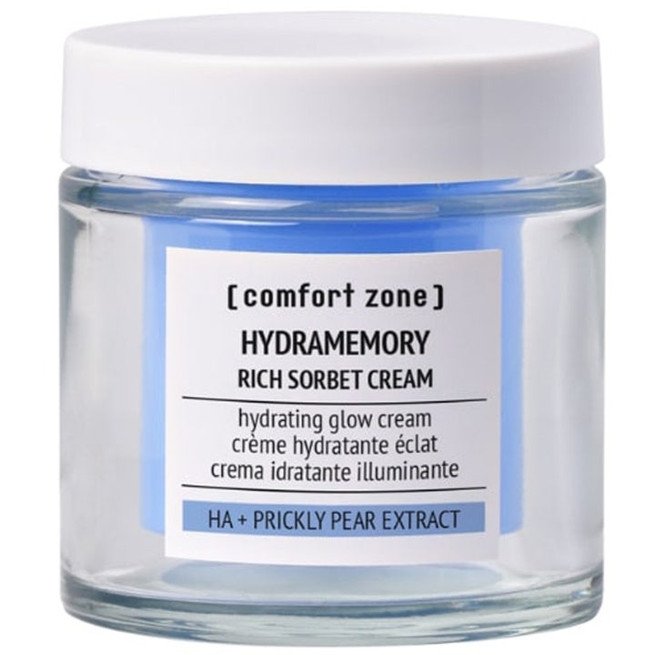 Comfort Zone Hydramemory Rich Sorbet Cream fuktgivande ansiktskräm med hyaluronsyra i glasburk med blå kräm och vitt lock