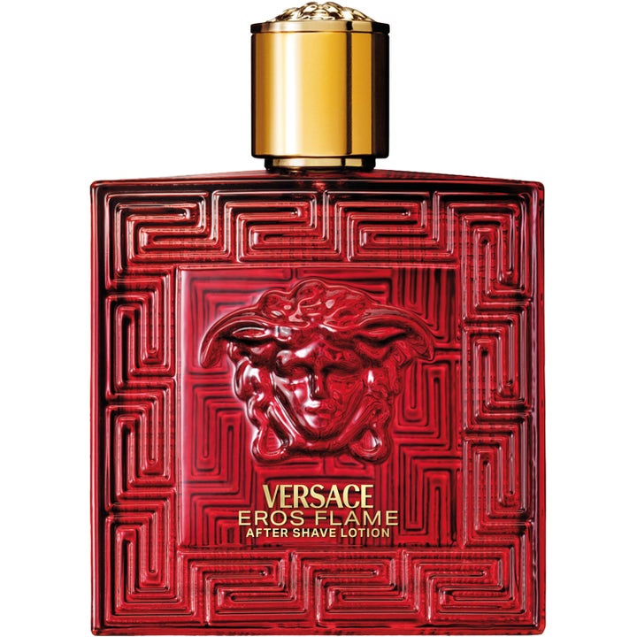 Versace Eros Flame 100 ml after shave herr designerparfym i röd glasflaska med reliefmönster och guldfärgad kork.