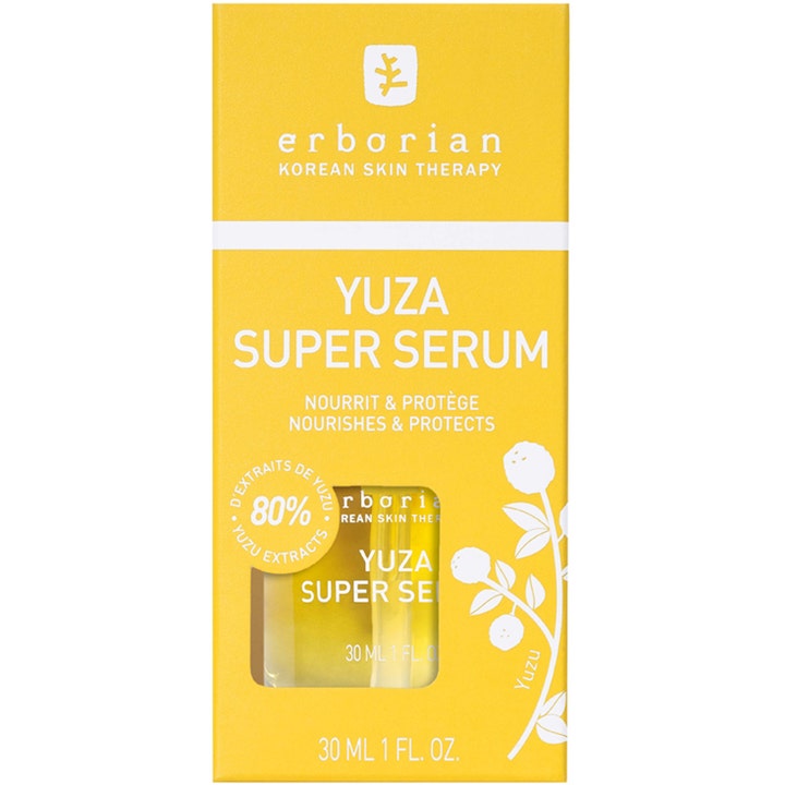 Erborian Yuza Super Serum 30 ml yuzu super serum i gul ytterförpackning med fönster som ger näring och skyddar.