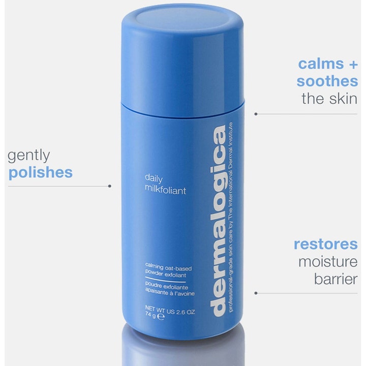 Dermalogica Daily Milkfoliant 13 g lugnande havrepeeling i blå flaska som polerar och återställer fuktbalansen