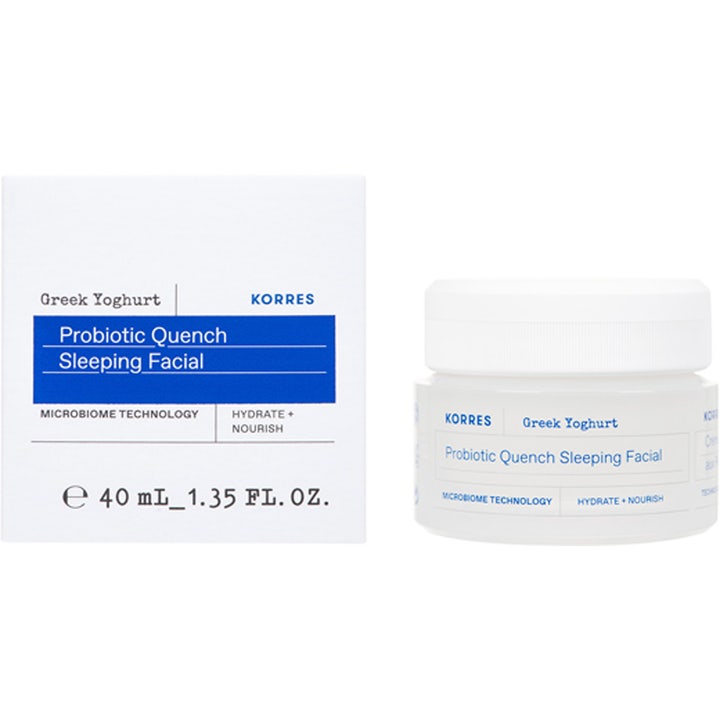 KORRES Greek Yoghurt Probiotic Quench Sleeping Facial 40 ml lugnande återfuktande nattkräm i vit burk och ytterkartong.