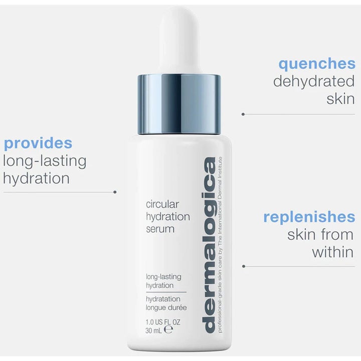 Dermalogica Circular Hydration Serum 30 ml återfuktande ansiktsserum i vit flaska med silvrig detalj och pipett