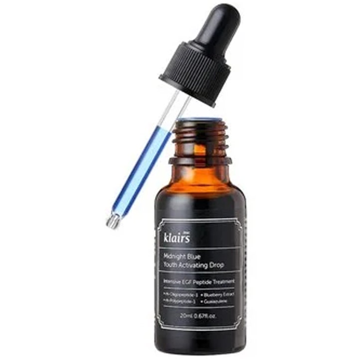 Klairs Midnight Blue Youth Activating Drop 20ml anti aging serum med EGF peptider i brun glasflaska och blått serum i pipett.
