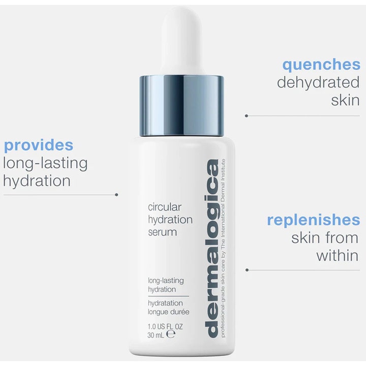 Dermalogica Circular Hydration Serum 30 ml långvarig återfuktande serum i vit flaska som mättar uttorkad hud.