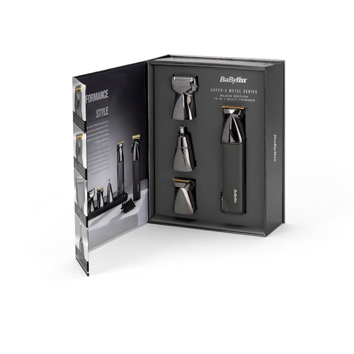 BaByliss Timeless grooming Multi-Trimmer i öppen svart box med utbytbara huvuden för mångsidig rakning och styling.