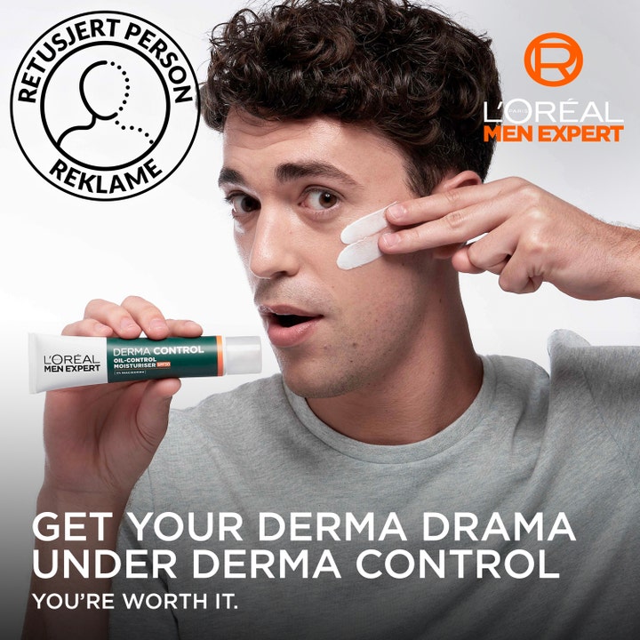 L'Oréal Paris Men Expert Derma Control 40 ml återfuktande dagkräm SPF30 som appliceras på ansiktet av en man.