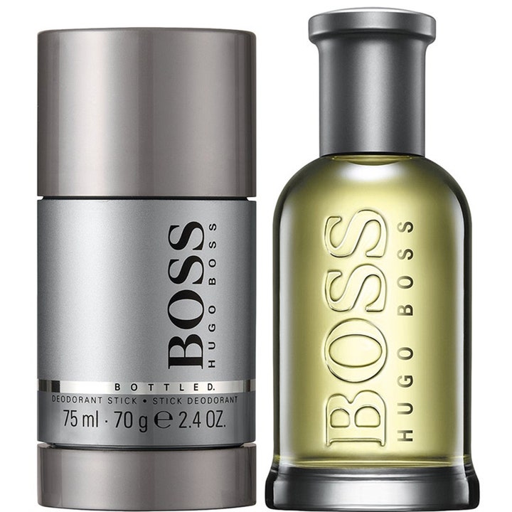 Hugo Boss Boss Bottled Duo 105 ml parfymset med genomskinlig parfymflaska och grå deostick för en fräsch känsla