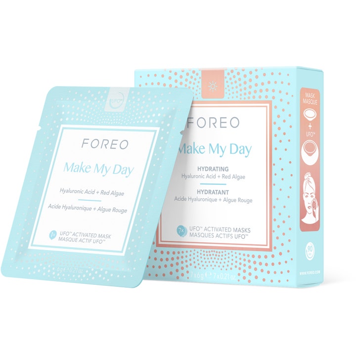 FOREO Make My Day 7-pack återfuktande ansiktsmask med hyaluronsyra i ljusblå ask och dospåse med prickar