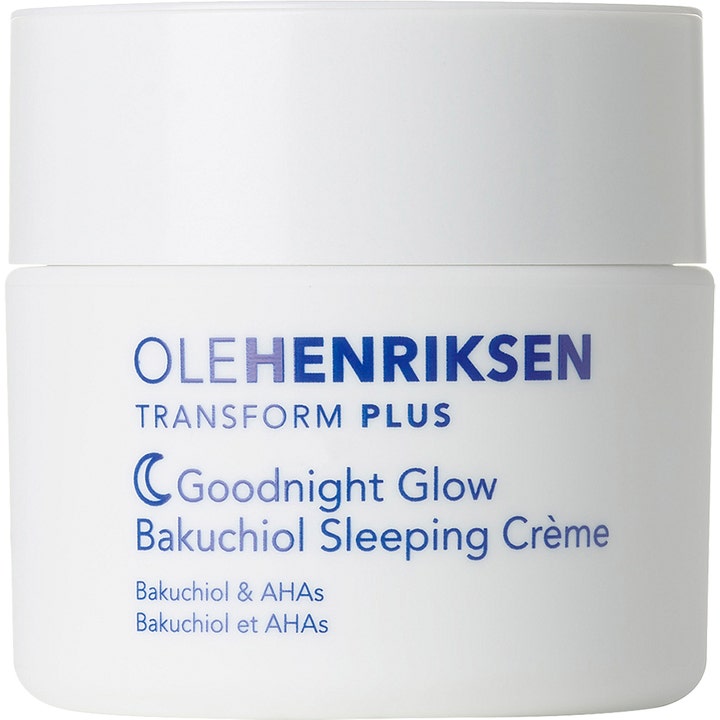 Ole Henriksen Goodnight Glow Bakuchiol Sleeping Crème anti age nattkräm för slät hy i vit burk med lila text.