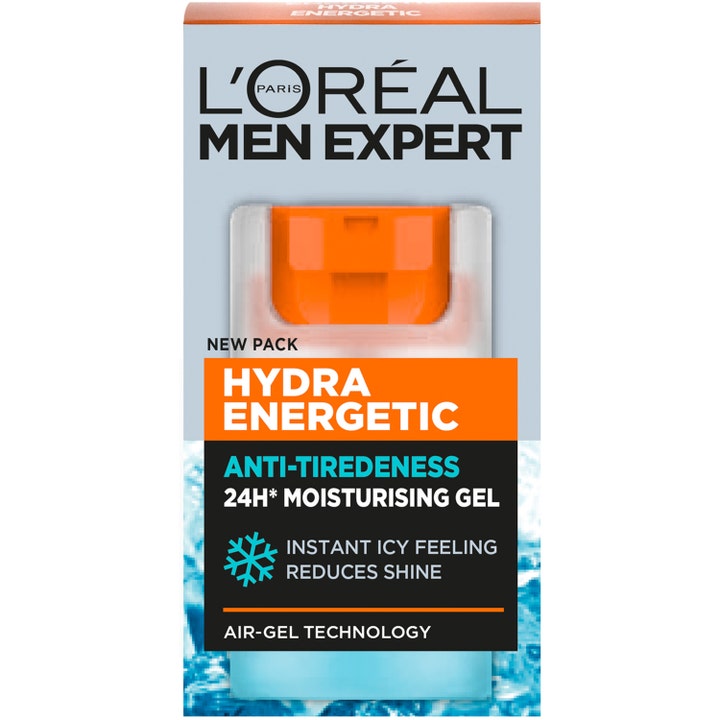 L'Oréal Paris Men Expert Hydra Energetic 50 ml 24h ansiktsgel i orange och silverfärgad ytterkartong mot trötthetstecken.