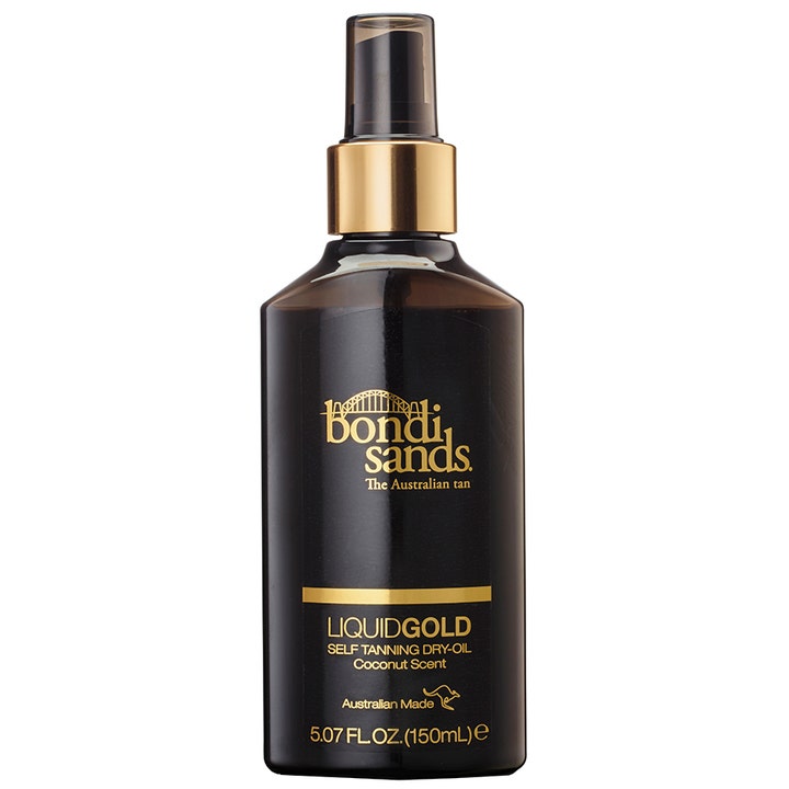 Bondi Sands Liquid Gold 150ml snabbtorkande tanningolja i en mörk flaska med guldfärgad spraypump som ger lyster.