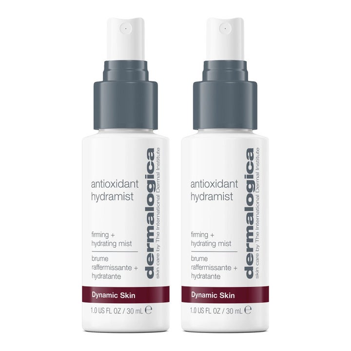 Dermalogica Antioxidant Hydramist 30 ml uppstramande ansiktsspray i två vita flaskor med spraymunstycken.