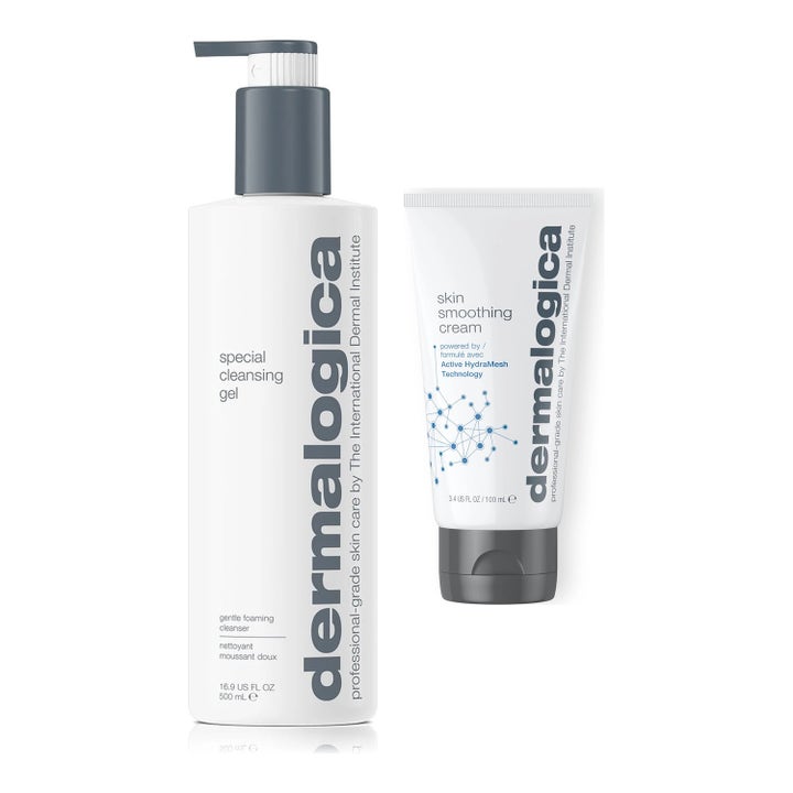 Dermalogica Special Cleansing Gel 500 ml och Skin Smoothing Cream i vit pumpflaska och tub för professionell hudvård