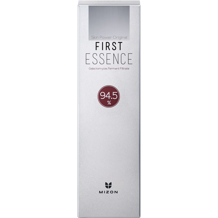 Mizon Skin Power Original First Essence 210 ml fermenterad återfuktande hudvård i en stilren silverfärgad ytterbox.