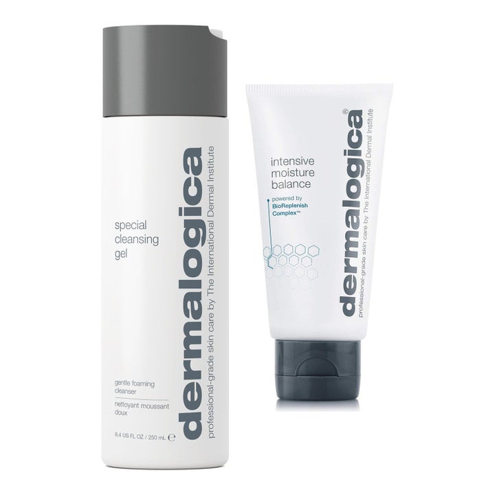 Dermalogica Special Cleansing Gel och Intensive Moisture Balance hudvård i vit flaska och tub med gråa lock.