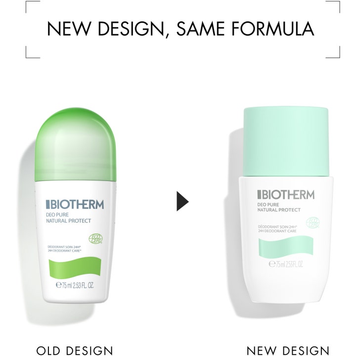 Biotherm Deo Pure Ecocert 75 ml eko-certifierad deo som visar gammal och ny design på vit roll-on flaska