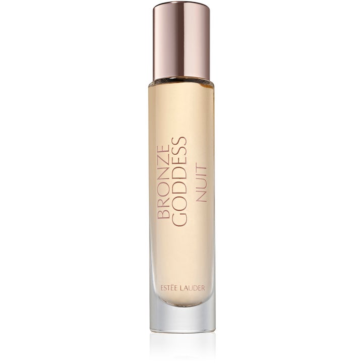Estée Lauder Bronze Goddess Nuit 10ml parfym i smal glasflaska med roséguldfärgat lock och gyllene vätska
