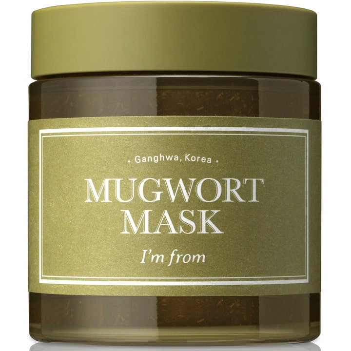I'm from Mugwort Mask lugnande och anti-inflammatorisk ansiktsmask i glasburk med olivgrönt lock och synlig geltextur.