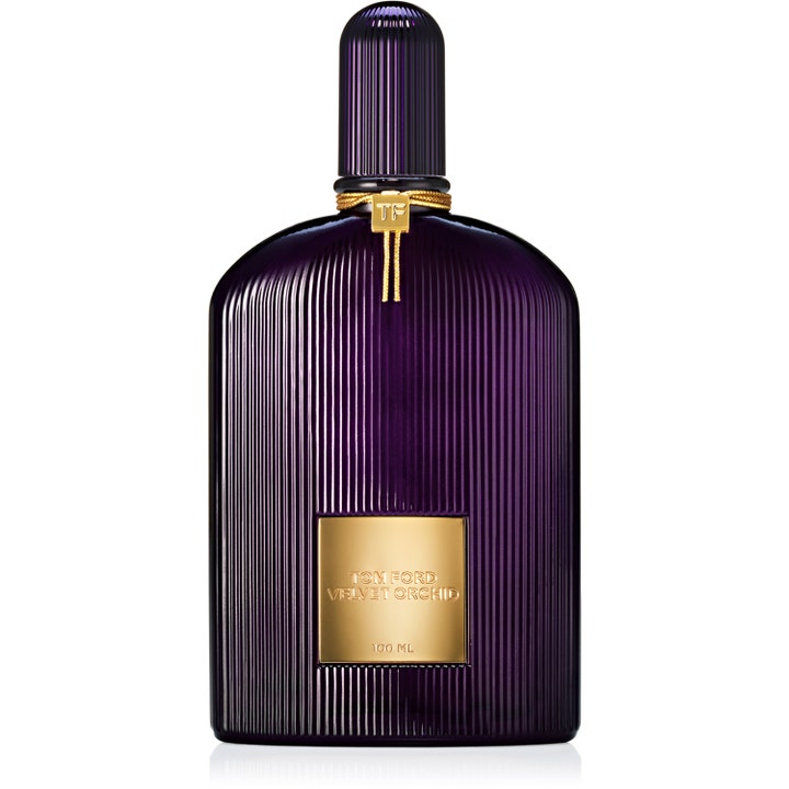 Tom Ford Velvet Orchid 100ml damparfym i en djupt lila räfflad glasflaska med en guldfärgad etikett