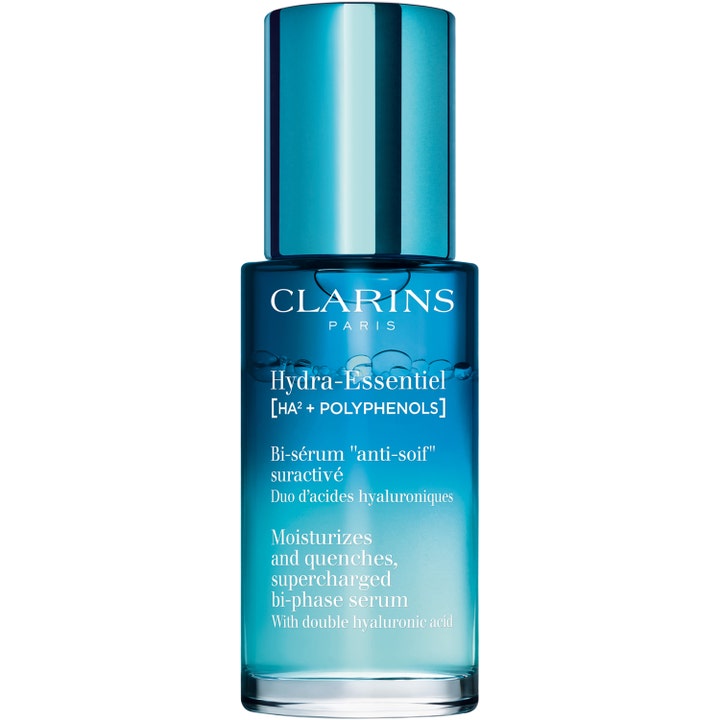 Clarins Hydra-Essentiel 30ml bi-phase hyaluronsyra serum i en blå glasflaska som återfuktar och ger huden plump.