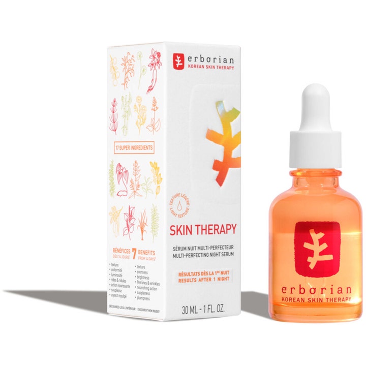 Erborian Skin Therapy 30 ml föryngring ansiktsserum i en orange glasflaska med vit pipett och ytterkartong.
