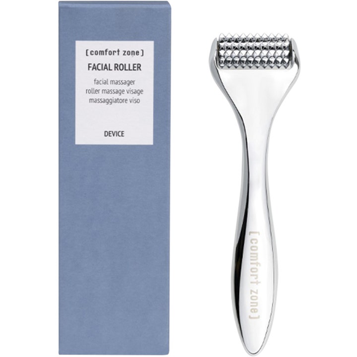 Comfort Zone Facial Roller 1 st för hudmassage och mikrocirculation i silvrigt stål bredvid blå ytterförpackning