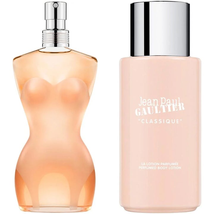 Jean Paul Gaultier Classique 50 ml och body lotion i torsoformad glasflaska samt rosa flaska med silverkork