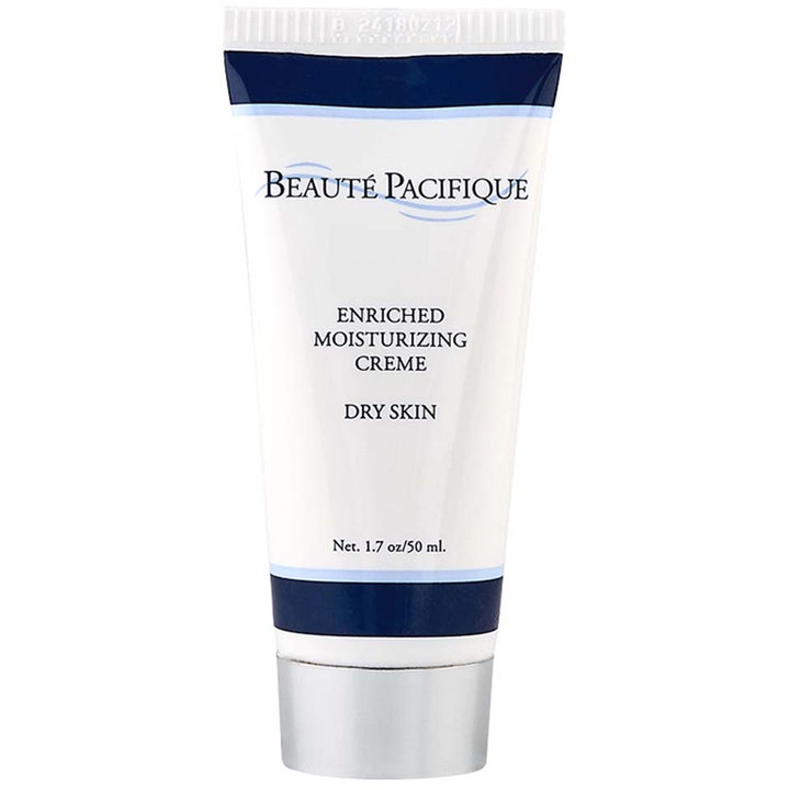 Beauté Pacifique Enriched Moisturizing Creme 50 ml näringsrik ansiktskräm torr hud i vit tub med blå detaljer och silverkork