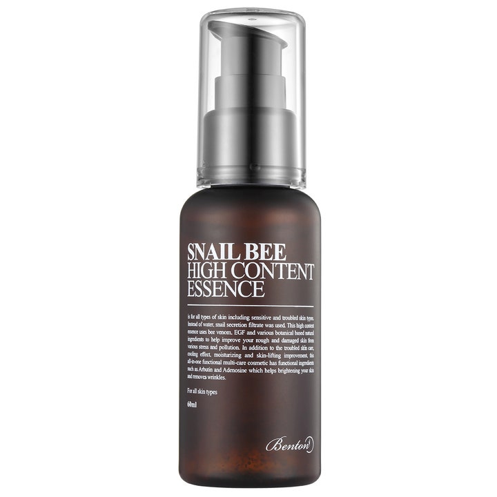 Benton Snail Bee High Content Essence 60ml anti-aging essens hudvård med snigel essence i mörkbrun flaska med svart pump.