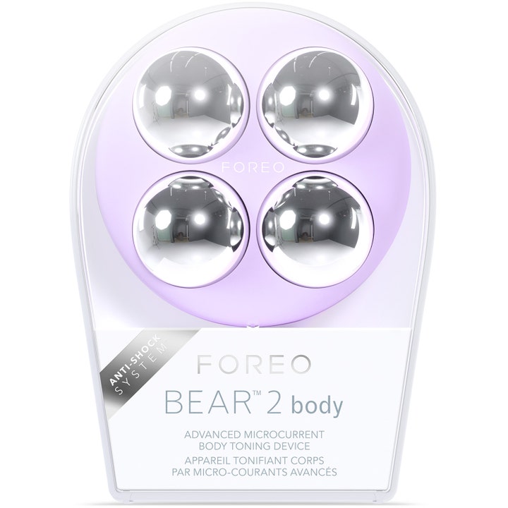 FOREO BEAR 2 body Lavender 1 st ger huduppstramning med mikroström och har fyra stora silverfärgade kulor