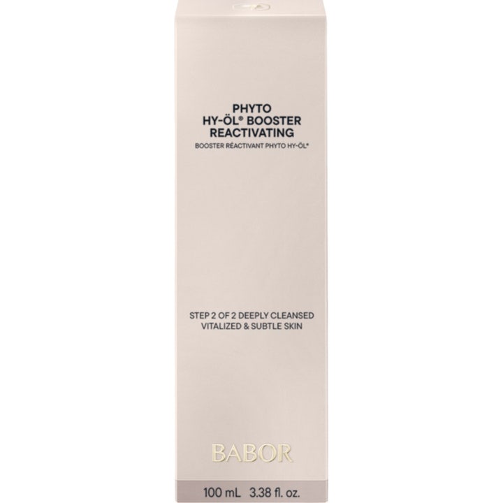Babor Phyto HY-ÖL Booster Reactivating 100 ml vitaliserande ansiktsrengöring i ljusbeige ytterkartong.