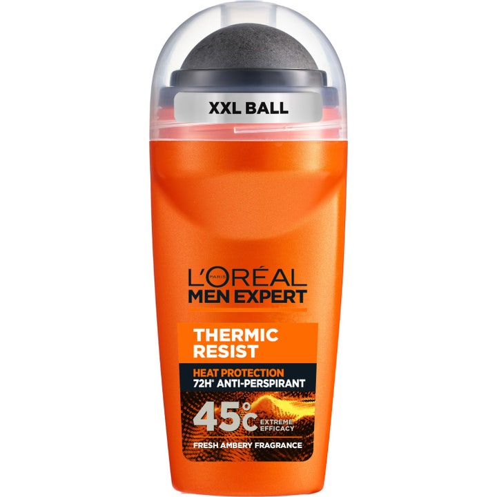 L'Oréal Men Expert Thermic Resist 50 ml antiperspirant roll-on i orange flaska med genomskinligt lock.