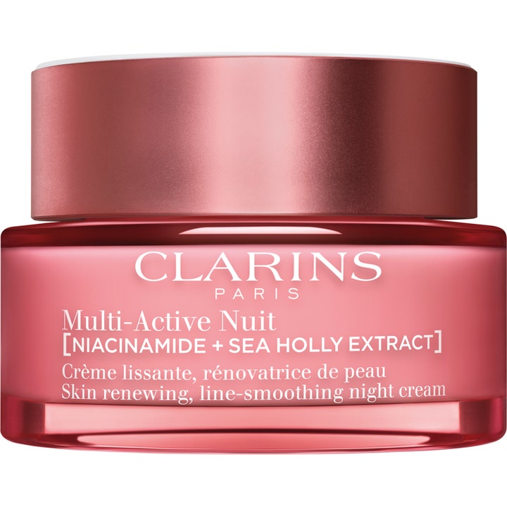 Clarins Multi-Active Nuit nattkräm med niacinamide slätar ut linjer i en lyxig rosa glasburk med metallock.