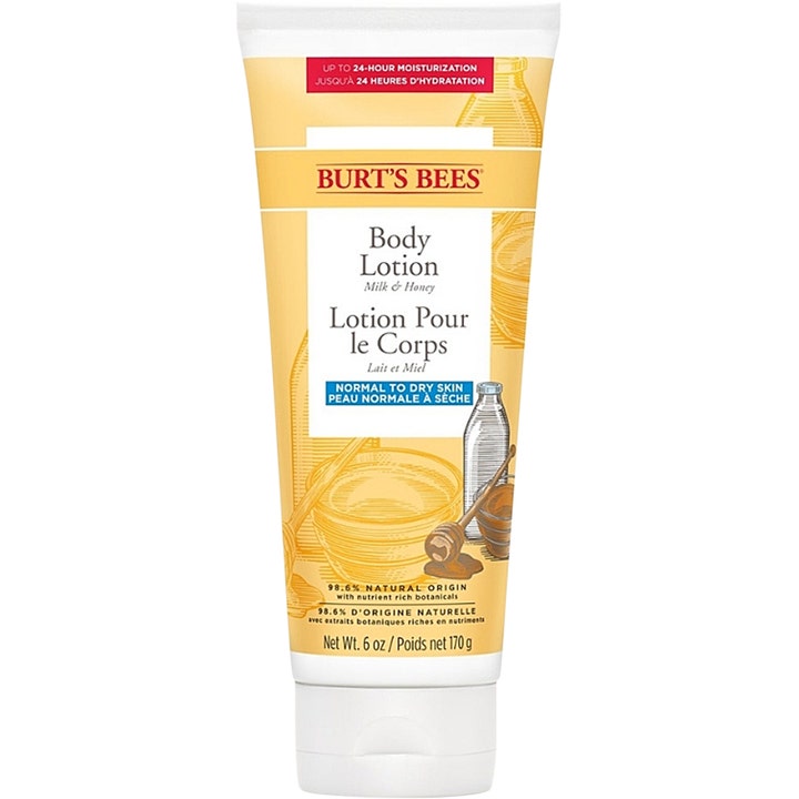 Burt's Bees Body Lotion Milk &amp; Honey 170 g närande 24h fuktgivande kräm i vit tub med gul honungsillustration