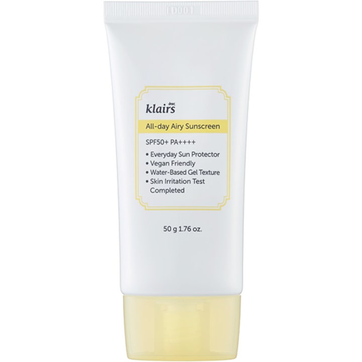 Dear, Klairs All-day Airy Sunscreen 50 g gel solkräm känslig hud med spf50+ pa++++ i vit tub med gult genomskinligt lock