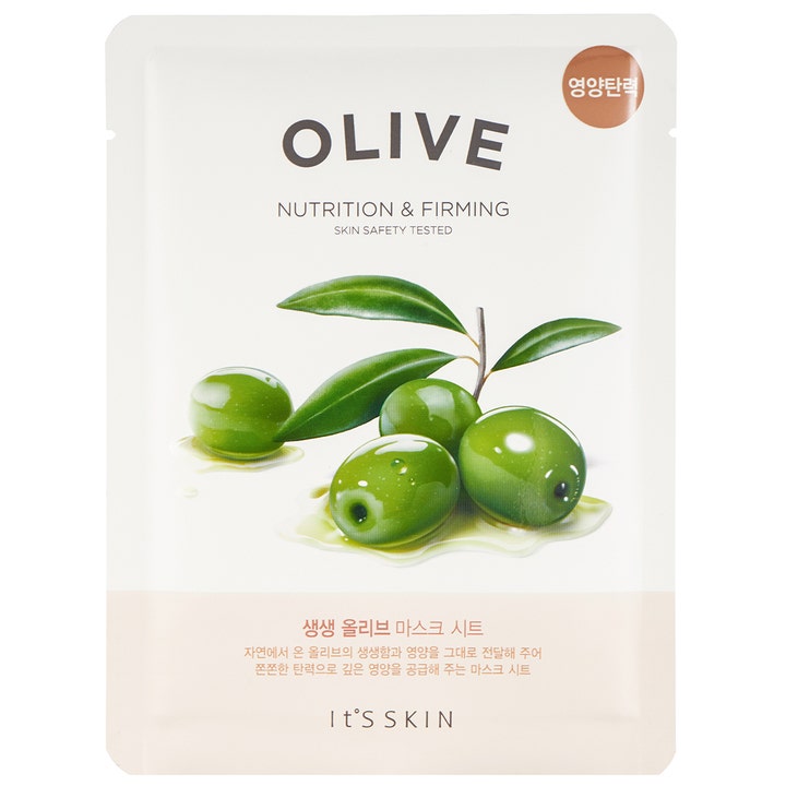 It's Skin Olive Nutrition & Firming fuktgivande ansiktsmask med oliv i vit förpackning med gröna oliver.