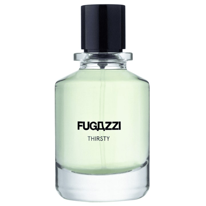 Fugazzi Thirsty 100 ml nischparfym i genomskinlig glasflaska med svart kork och ljusgrön vätska