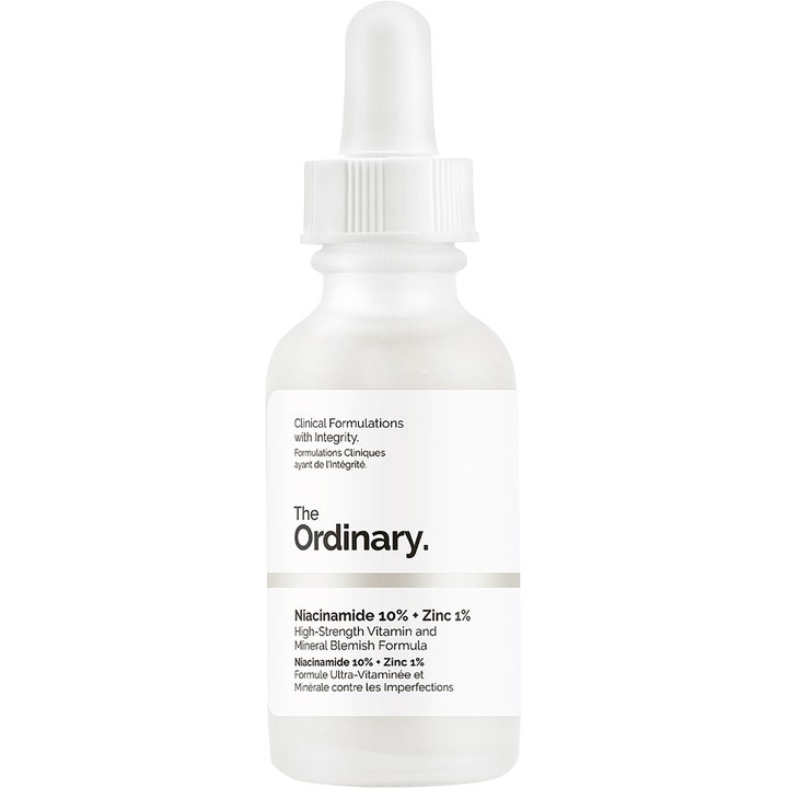 The Ordinary Niacinamide 10% + Zinc 1% 30 ml porminskande serum i en frostat glasflaska med vit pipett