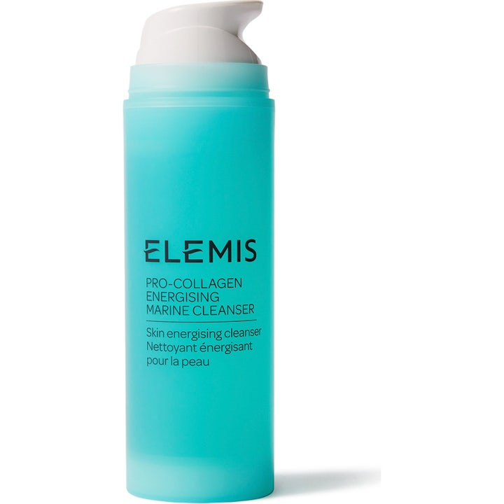 Elemis Pro-Collagen Energising Marine Cleanser energigivande rengöringsgel i turkos flaska med vit pump.