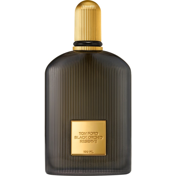Tom Ford Black Orchid Reserve 100ml edp i en mörk räfflad glasflaska med guldplakett och räfflad guldkork