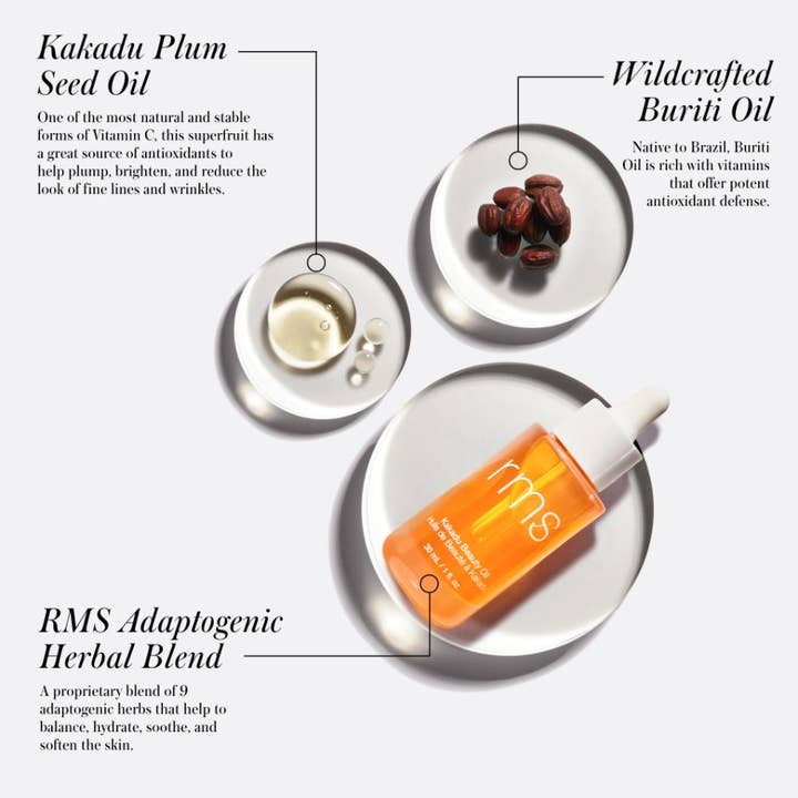 RMS Beauty Kakadu Beauty Oil 30 ml ekologisk ansiktsolja anti-aging med lystergivande c-vitamin och buriti
