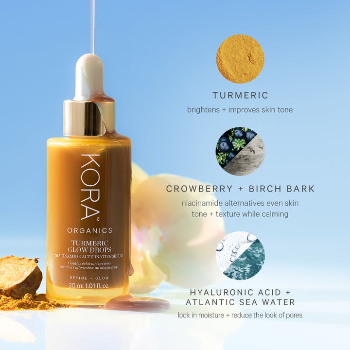 KORA Organics Turmeric Glow Drops 30 ml lystergivande serum med ingredienser som gurkmeja och hyaluronsyra.